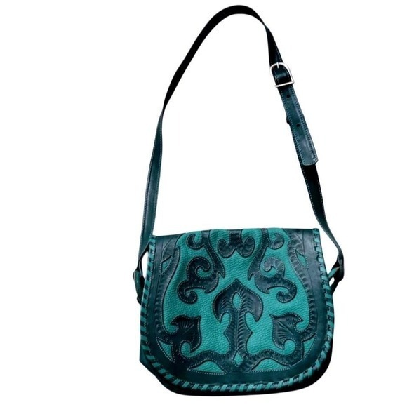 New‎ LL Leathers in Leather Crossbody Bag Teal Green Whipstitch Boho Saddle Bag main image 4